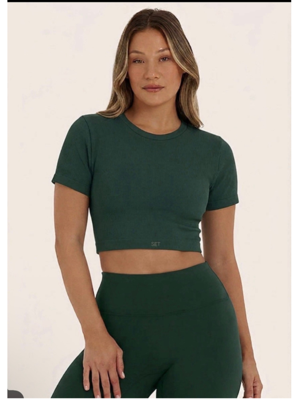 SET Active Ribbed Green Crop Top T-Shirt- Size Small